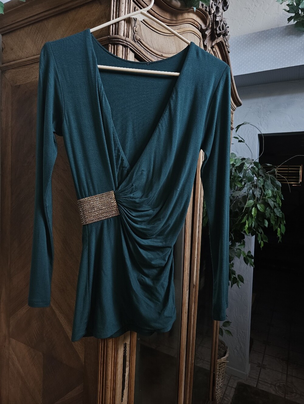 Sky TOP Long Sleeve Deep V Emerald Green Wrap Top with Gold Accent